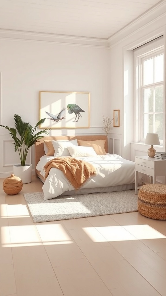 A cozy bedroom featuring warm white walls, a wooden bed, and natural light streaming through the window.