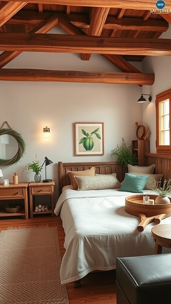 A rustic romantic bedroom featuring warm wood accents, including wooden beams, furniture, and decor.