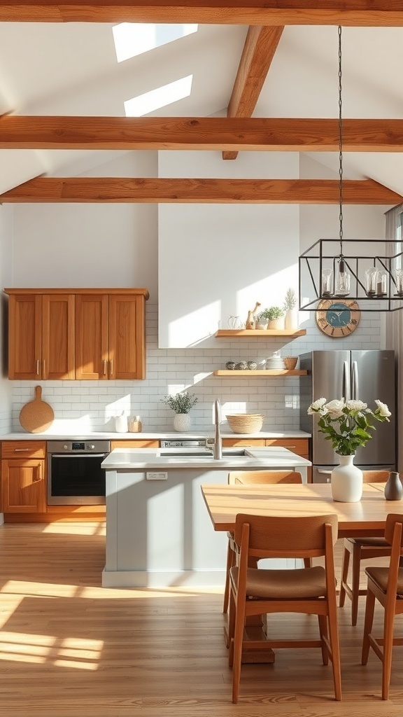Modern rustic kitchen with warm wood accents, featuring wooden beams, cabinetry, and a dining table.