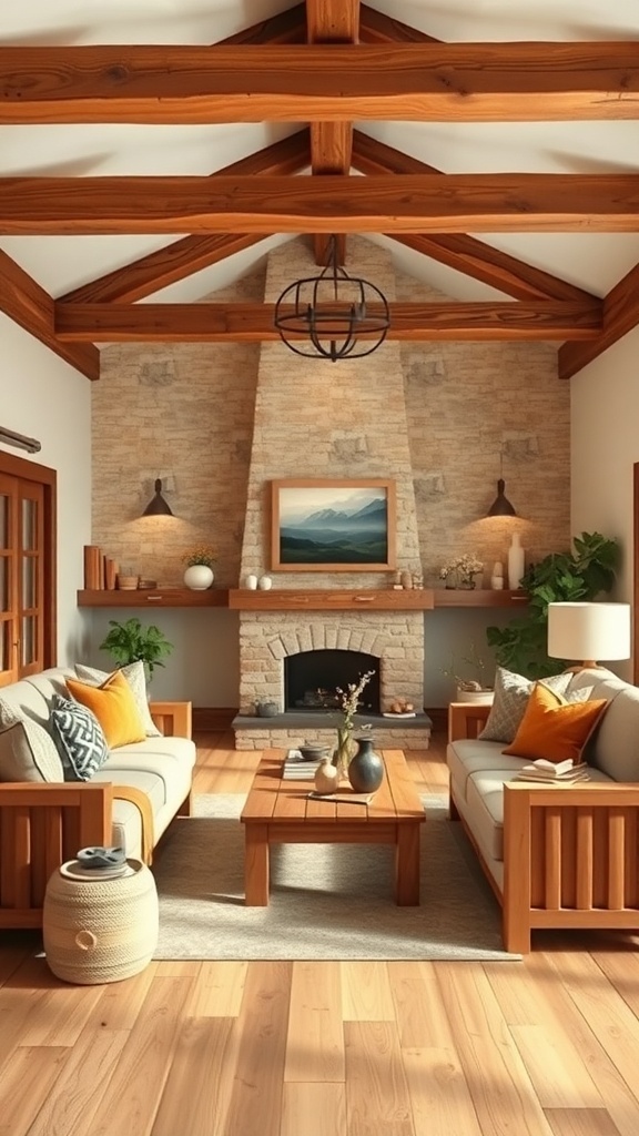 A rustic living room featuring warm wood accents, exposed beams, and a cozy fireplace.