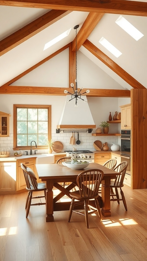 Rustic farmhouse kitchen with warm wood accents, featuring wooden beams, cabinetry, and a large table.