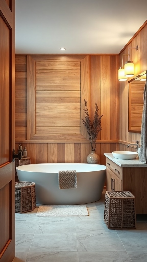 A warm wooden bathroom featuring a freestanding tub, wooden walls, and woven stools, creating a cozy spa-like atmosphere.