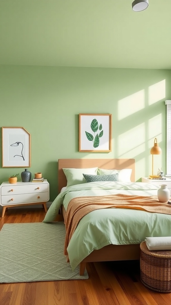 A light green bedroom with warm wood flooring, featuring a bed, nightstand, and decorative plants.