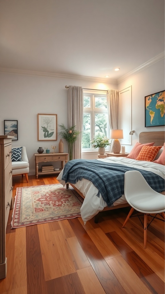 A cozy bedroom featuring warm wood flooring, a bed with soft linens, and a decorative rug.