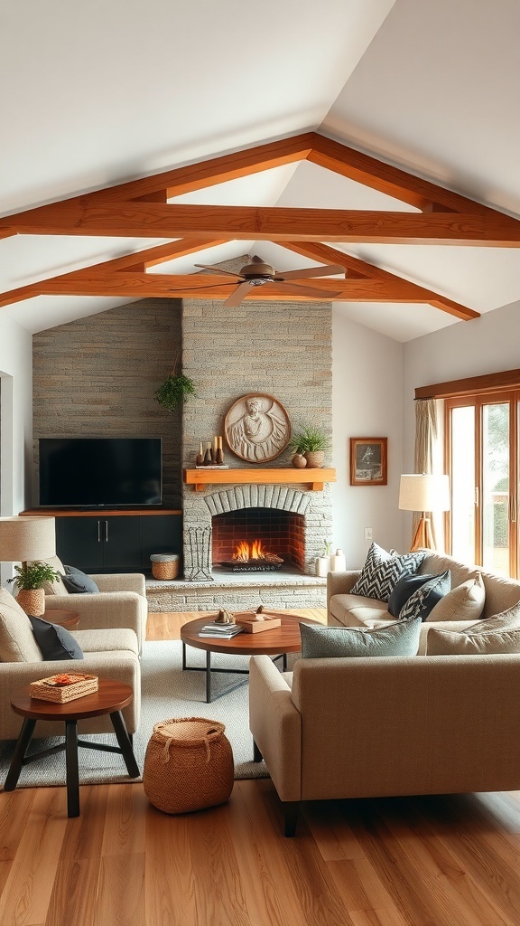 A modern rustic living room featuring warm wooden accents, including ceiling beams and a wooden coffee table, with soft furniture and a cozy fireplace.