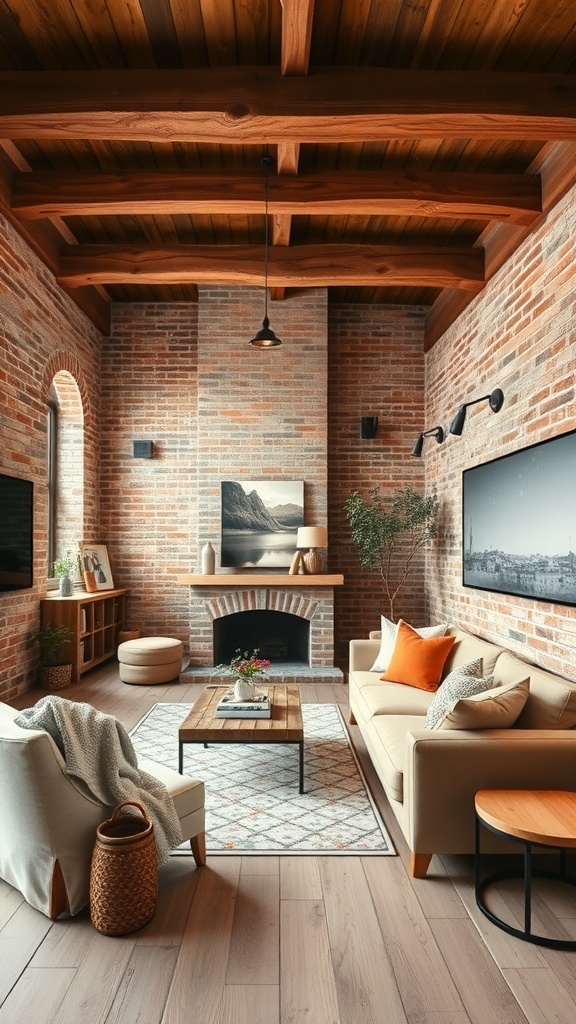 A rustic farmhouse living room featuring warm wooden beams, exposed brick walls, and cozy furniture.