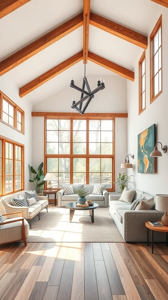 A rustic French country living room with warm wooden beams and large windows allowing natural light to fill the space.