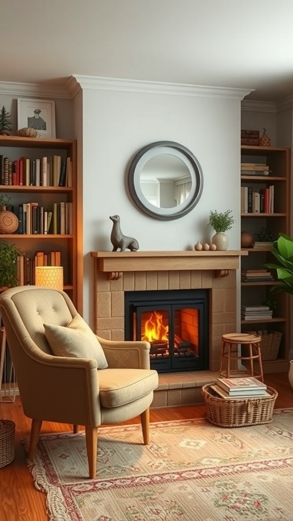 Cozy reading room with a fireplace, bookshelves, and a comfortable chair.