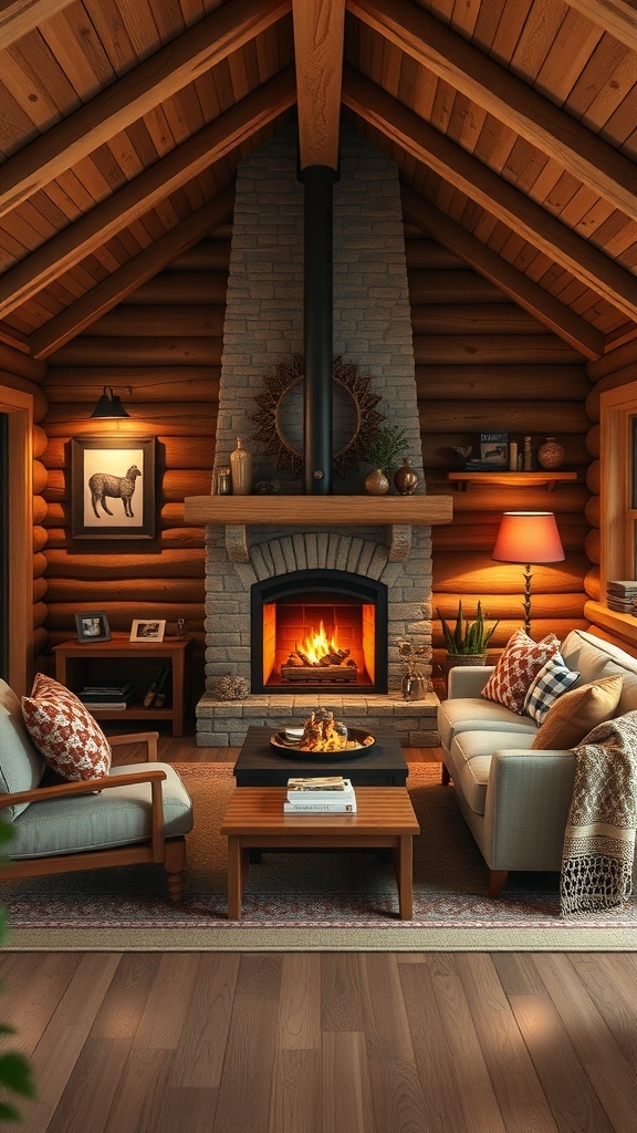 Cozy cabin interior featuring a central hearth with a fireplace, wooden beams, and comfortable seating.