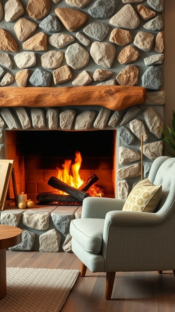 A cozy cabin with a stone fireplace and a crackling fire, featuring a comfortable chair and candles.