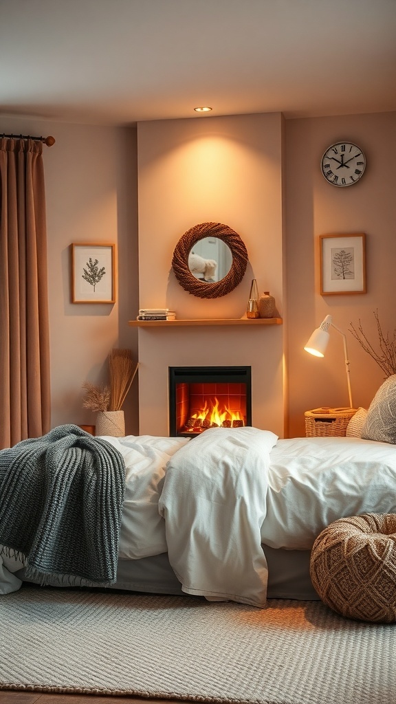Cozy bedroom with a fireplace, soft blankets, and warm lighting