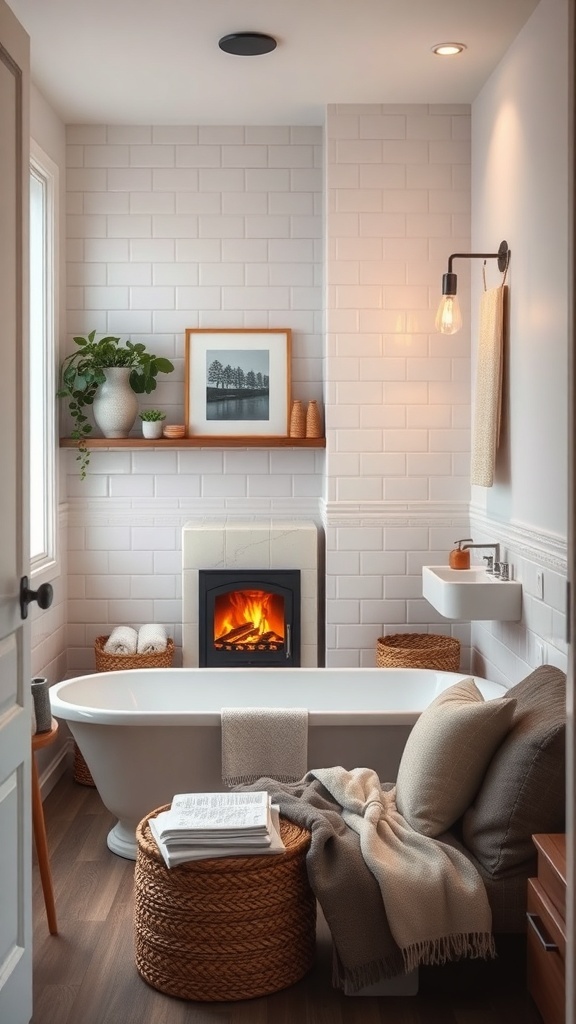 Cozy bathroom featuring a fireplace, a freestanding tub, and warm decor.