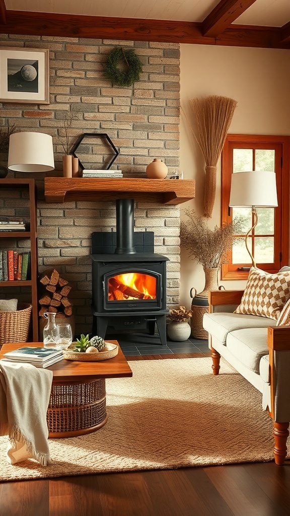 Cozy cottage living room with a wood stove, warm lighting, and inviting decor.