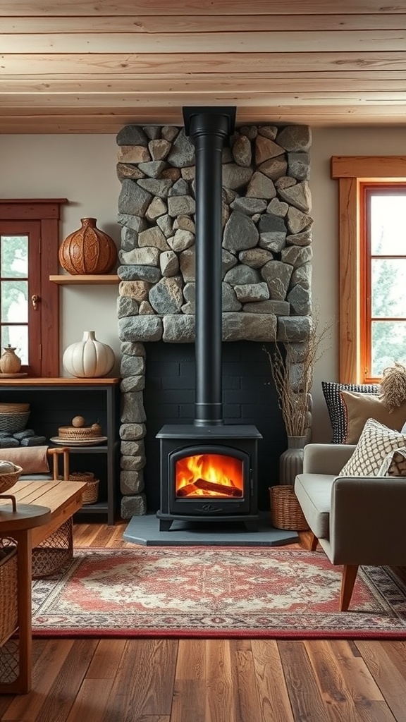 Cozy rustic living room featuring a wood stove with a stone wall, wooden furniture, and warm decor.