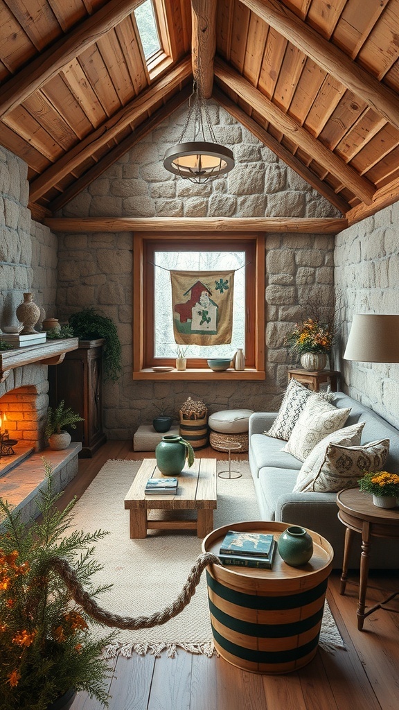 Cozy cabin interior with stone walls, wooden beams, and warm furnishings.