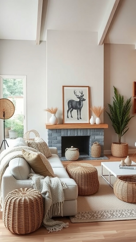 Cozy living room with handmade items, including woven baskets and a soft sofa.