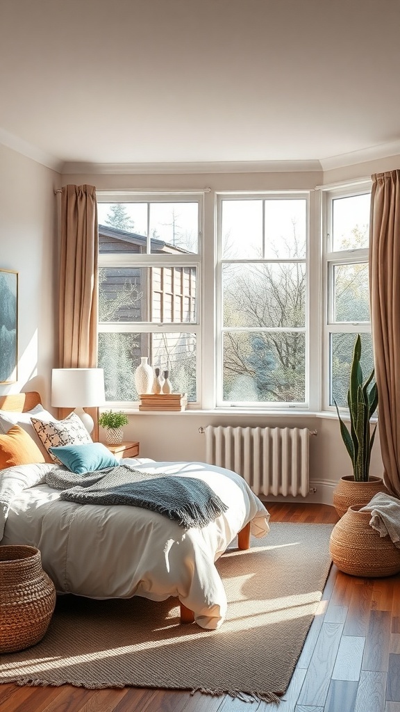 A cozy teen bedroom with large windows allowing natural light, featuring a bed with soft bedding, wooden furniture, and plants.