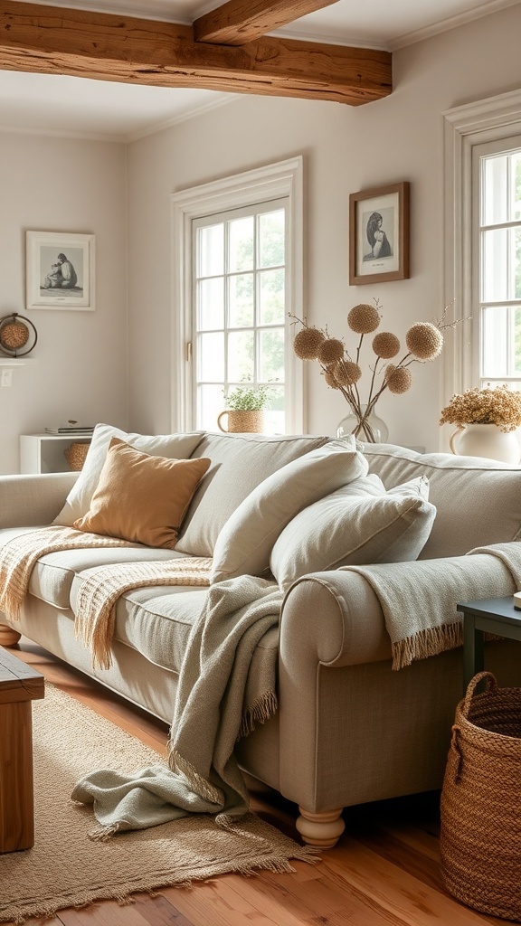 Cozy cottage living room with natural textiles, featuring a soft sofa, cushions, and wooden beams.