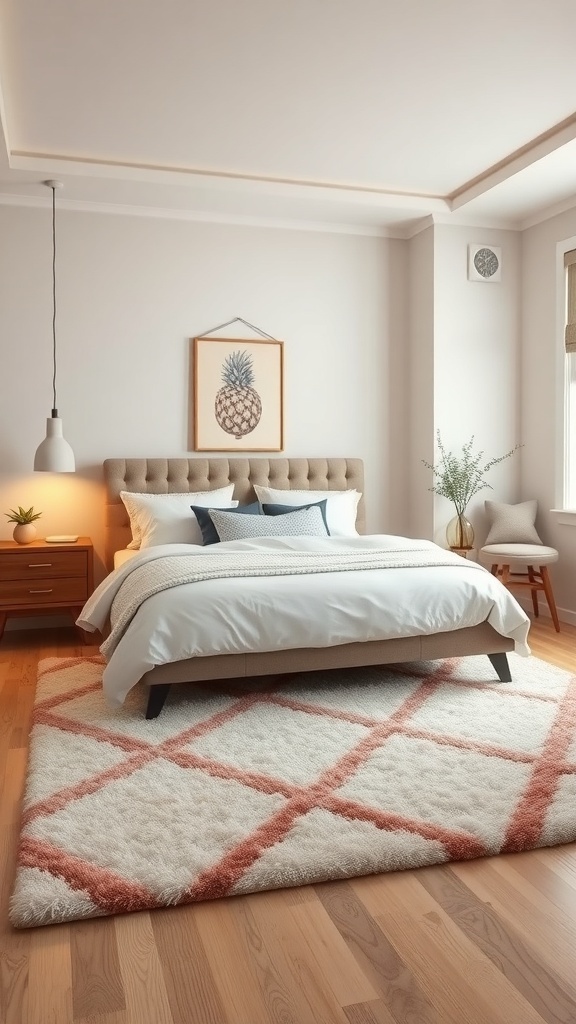 A cozy bedroom featuring a plush rug with a geometric design, a comfortable bed, and warm lighting.