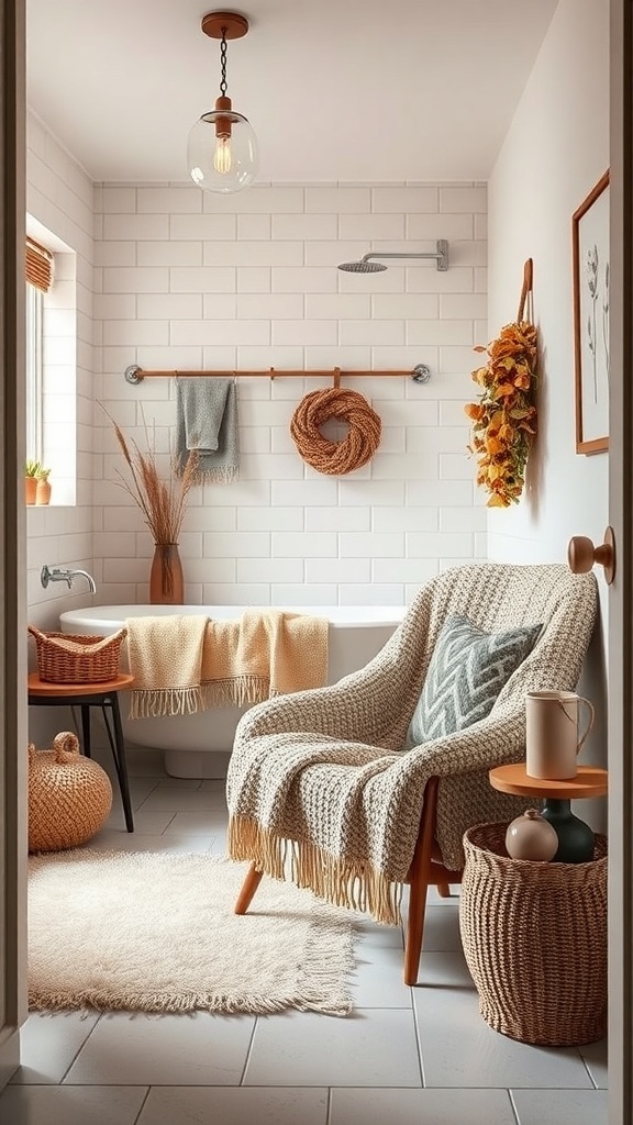 A cozy bathroom featuring warm textiles, including a woven chair with a throw, a plush rug, and soft towels.