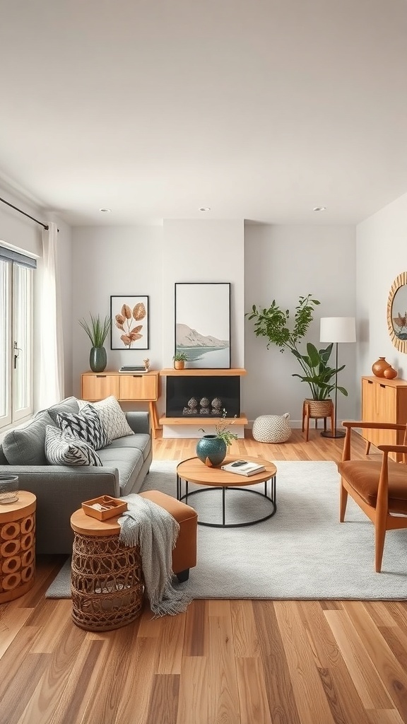 Cozy Scandinavian living room with wooden accents and plants