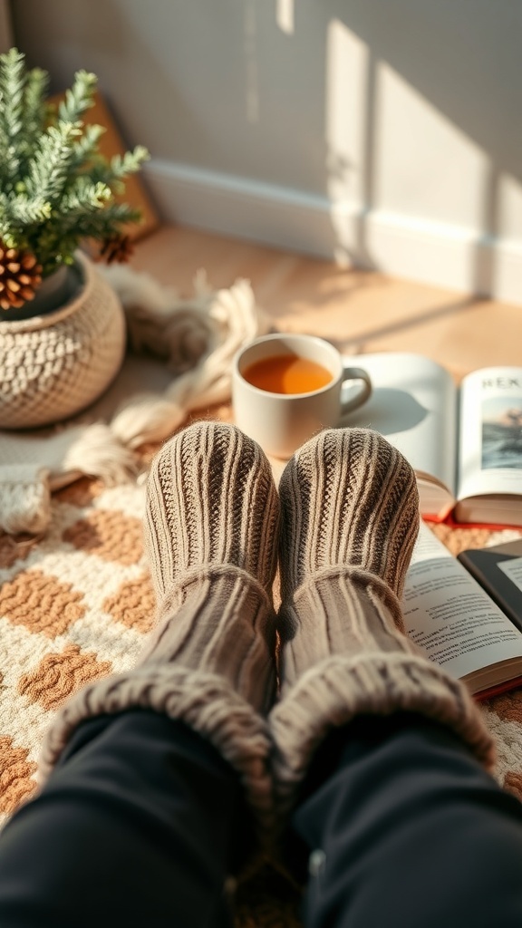 A pair of cozy wool socks on a patterned blanket, with a cup of tea and a book nearby.