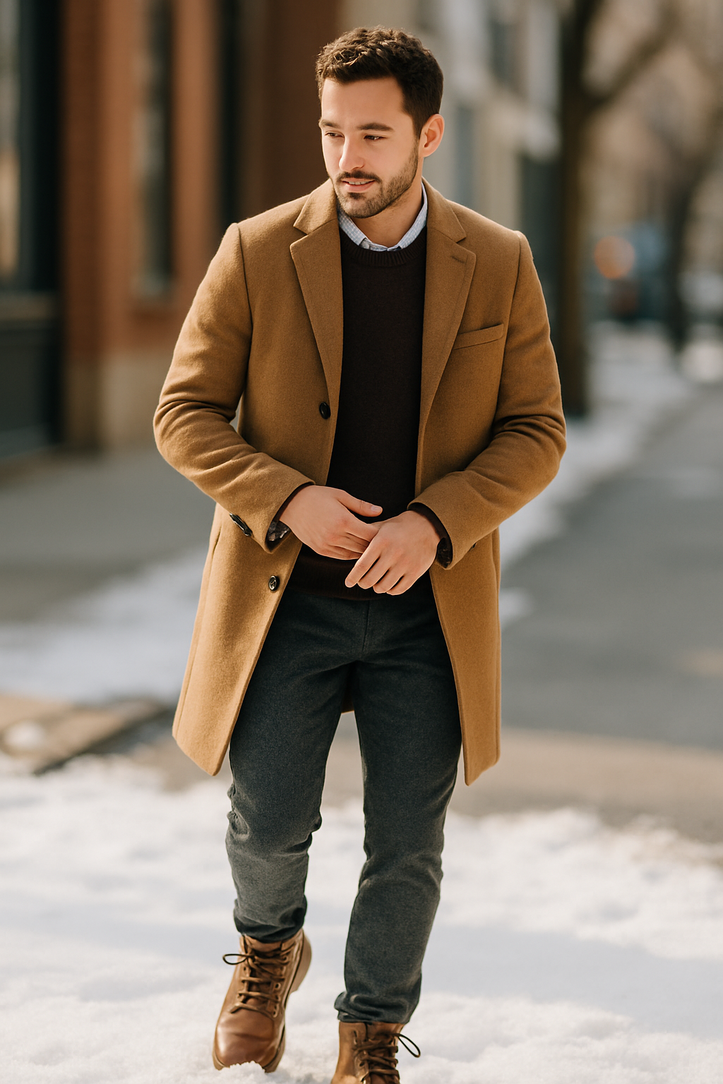 A man wearing a stylish coat and snow boots walking on a snowy street.