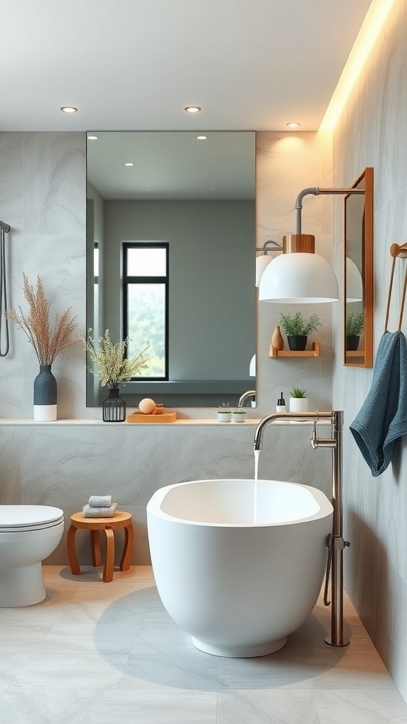 A modern bathroom featuring a freestanding bathtub, water-efficient fixtures, and natural elements.