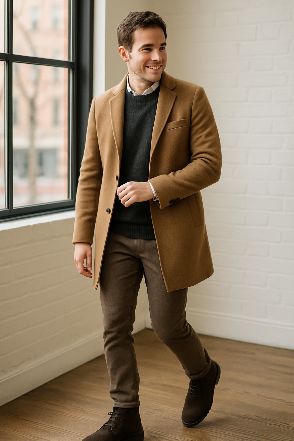 A man wearing a stylish outfit with water-resistant ankle boots, showcasing a polished winter look.