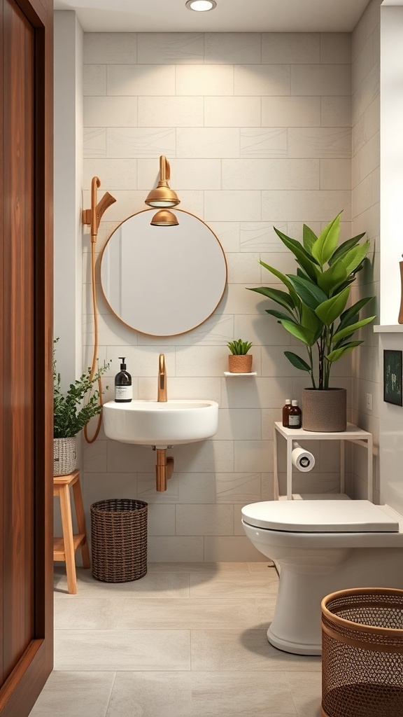 A small bathroom featuring a shower, sink, and toilet with plants and modern fixtures.