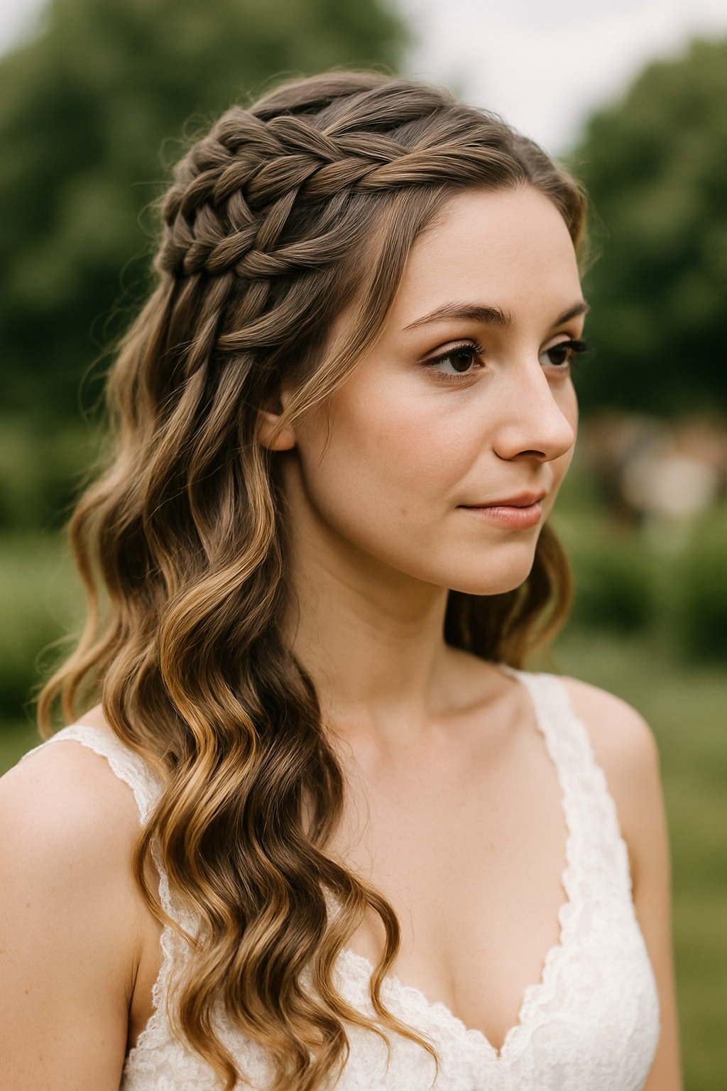 A woman with a waterfall braid hairstyle, featuring soft waves and a natural background.