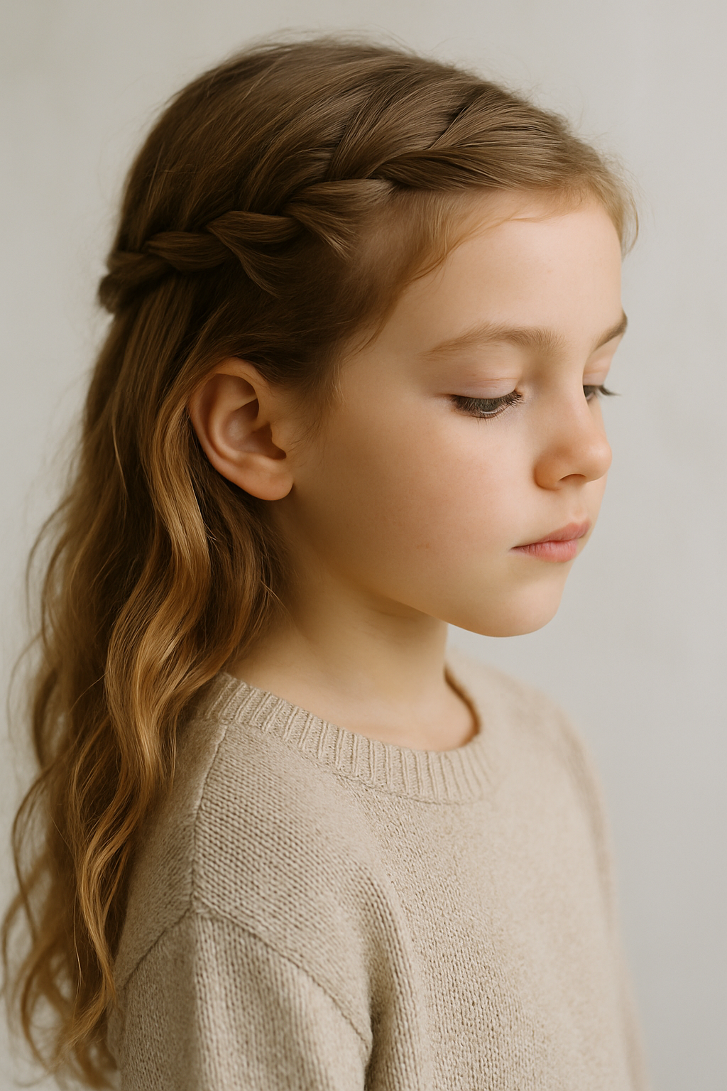 A young girl with a waterfall braid hairstyle, showcasing a charming and glamorous look.