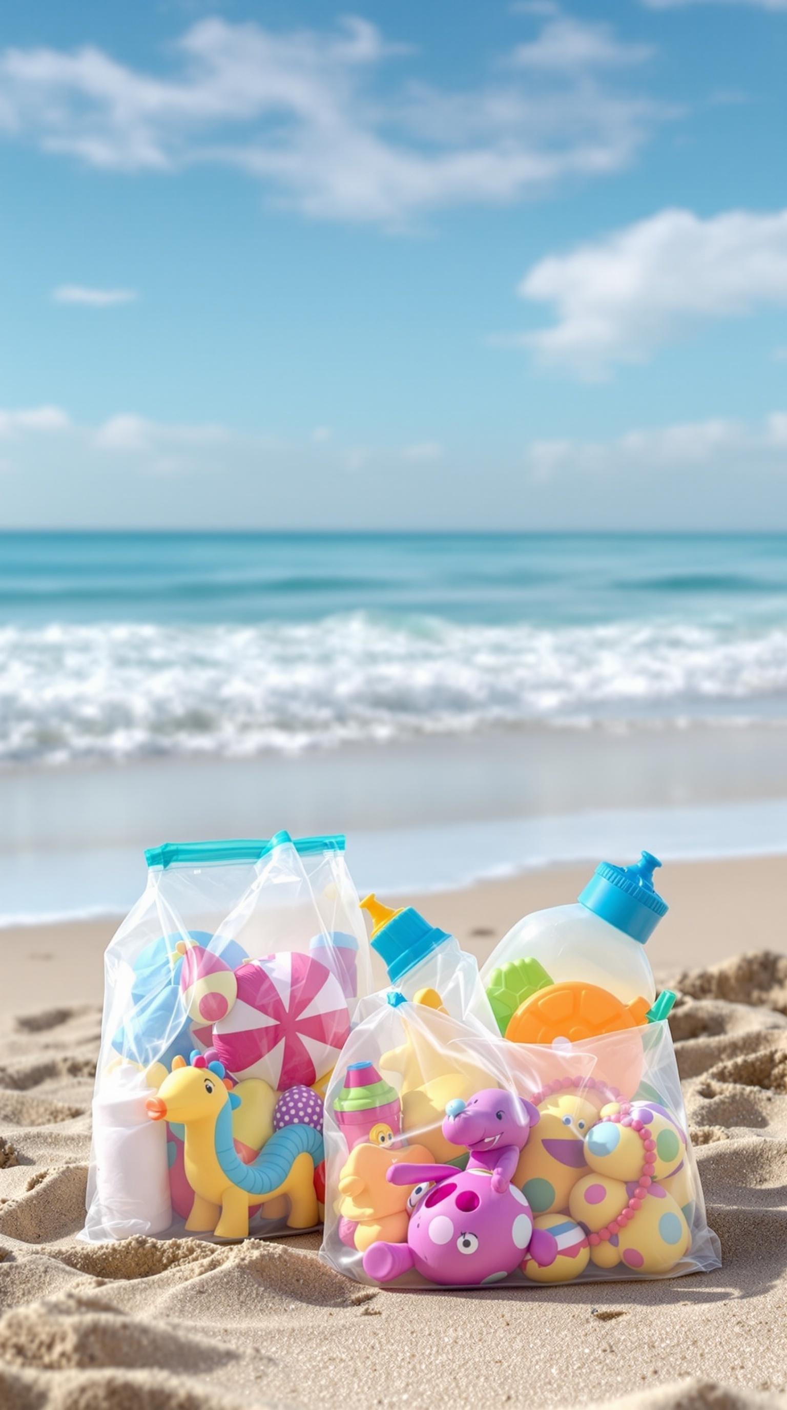 Colorful waterproof storage bags filled with beach toys on the sand