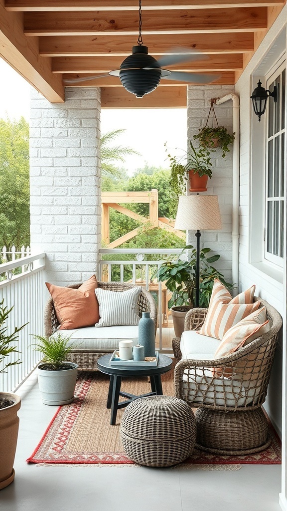 A cozy balcony with weather-resistant fabrics, featuring comfortable seating and decorative cushions.