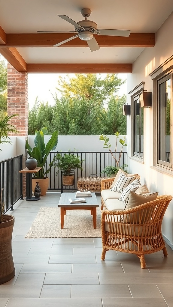 Cozy balcony with weather-resistant rattan furniture, plants, and a coffee table.