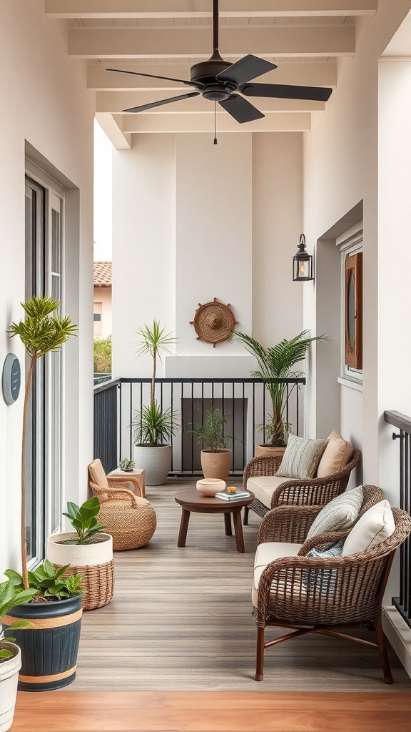 A narrow balcony featuring weather-resistant furniture, plants, and a cozy atmosphere.
