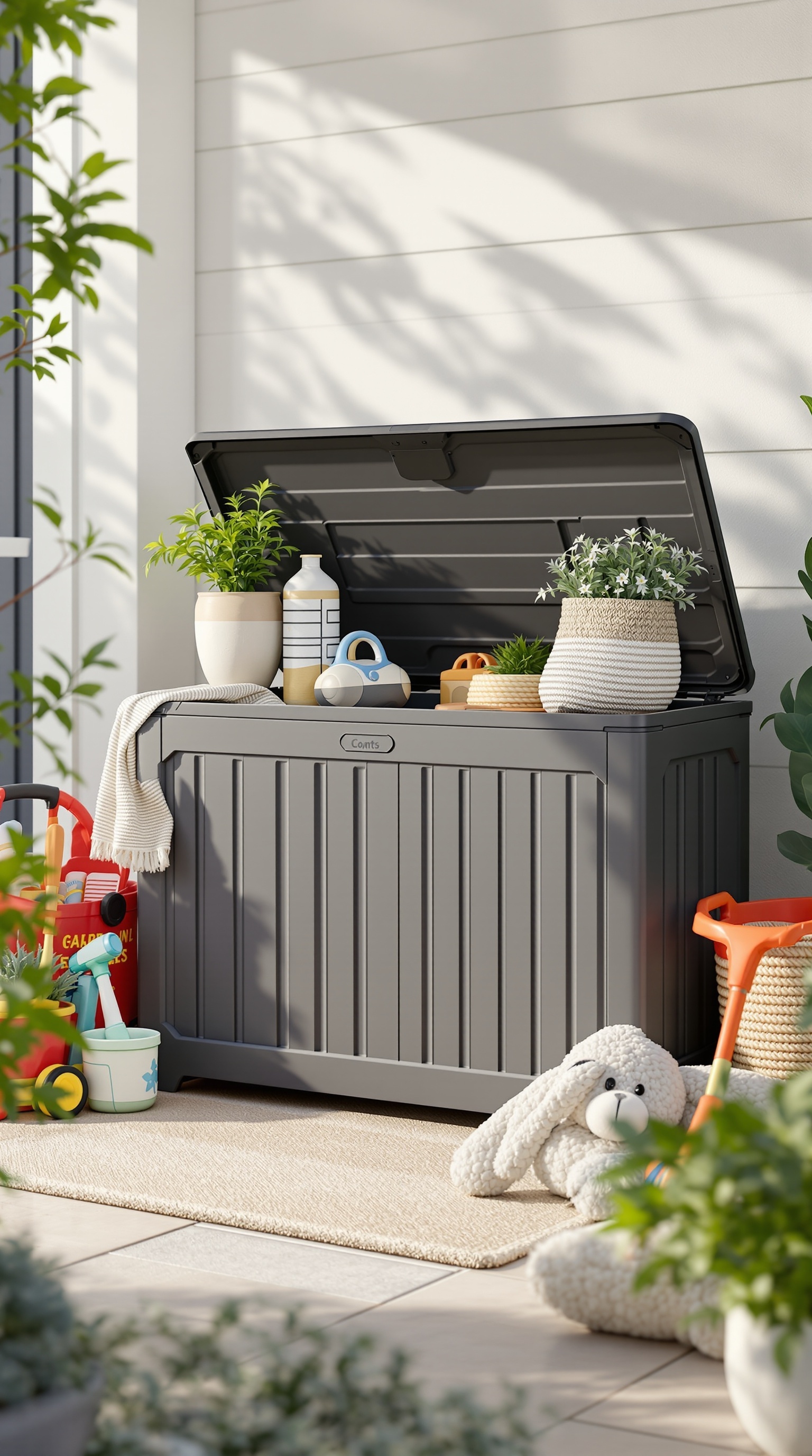A weather-resistant outdoor storage box with plants and toys around it.