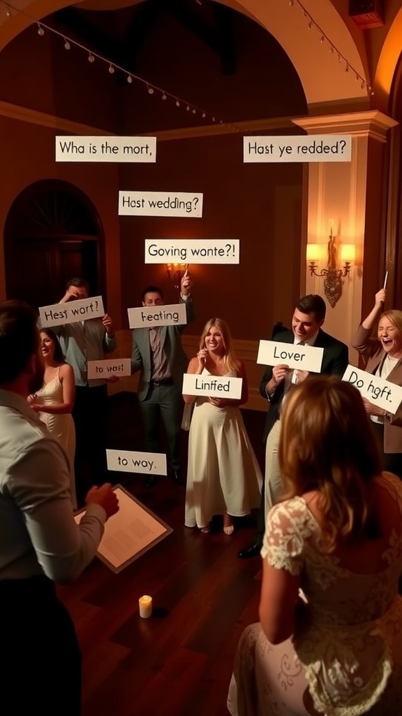 Guests playing charades at a wedding reception, holding up signs with wedding-themed phrases.