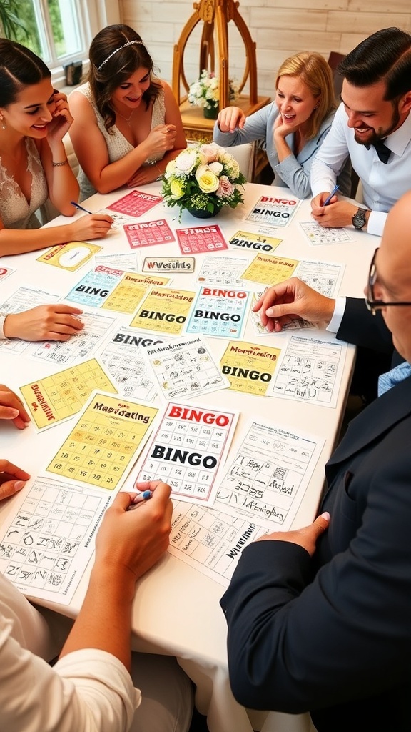 Guests playing Wedding Bingo at a bridal shower with colorful bingo cards and a flower centerpiece on the table.