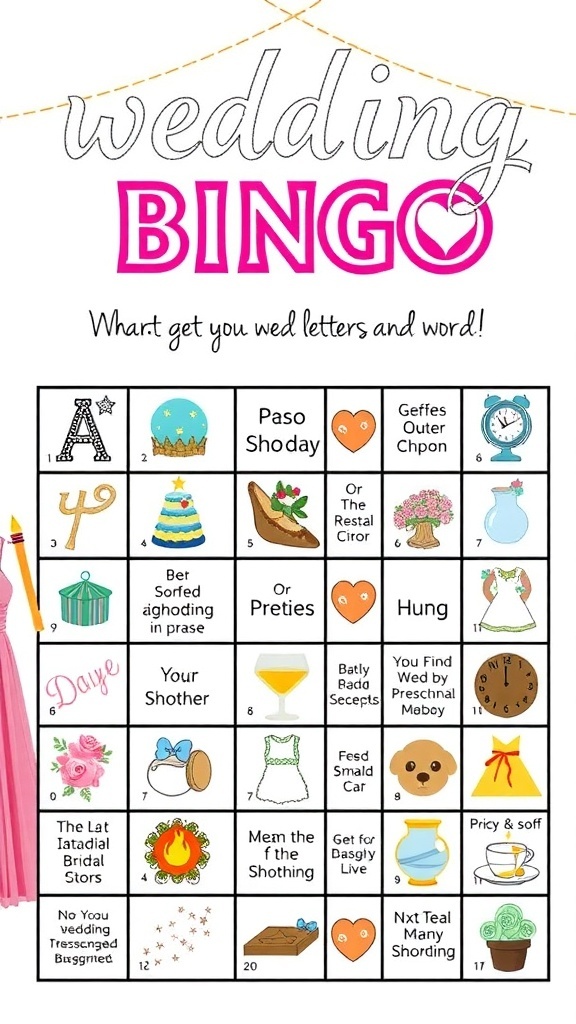 A colorful Wedding Bingo card filled with wedding-themed words and icons, perfect for bridal shower games.