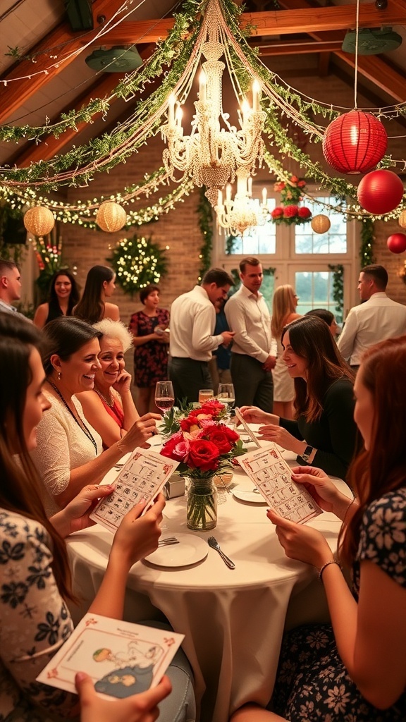 Group of guests enjoying Wedding Bingo at a reception with personalized cards and festive decorations.