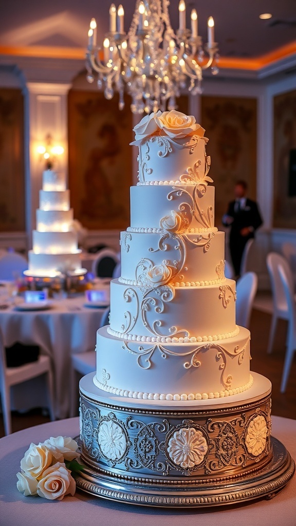 A beautifully designed wedding cake with intricate details and flowers, set against an elegant background with a chandelier.