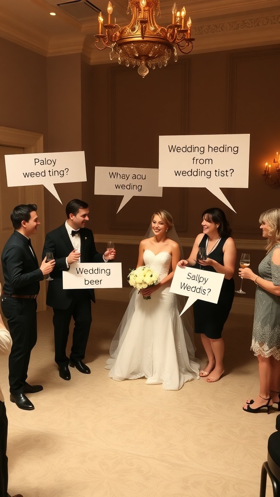 Group of people playing Wedding Charades at a bridal shower, with humorous signs about weddings.