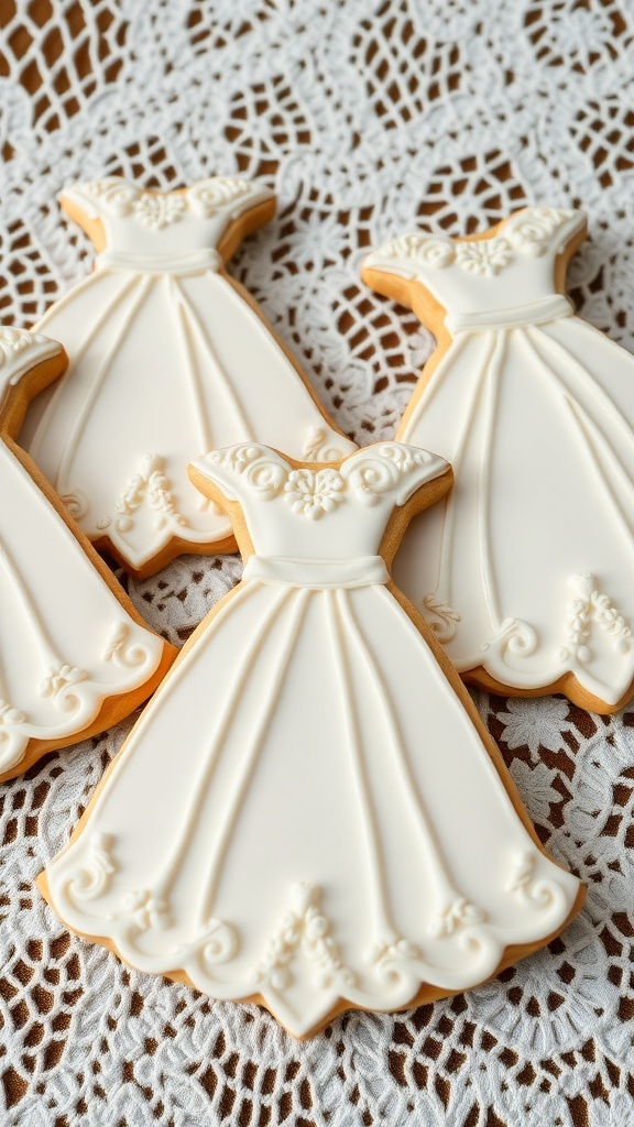 Decorated wedding dress cookies on a lace tablecloth