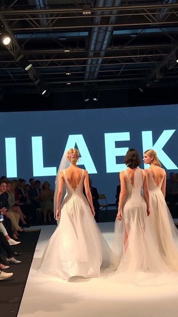 Models showcasing wedding dresses on a runway at a fashion show
