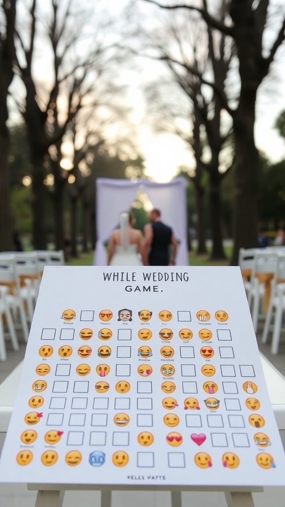 Printable Wedding Emoji Game sheet with various emojis.