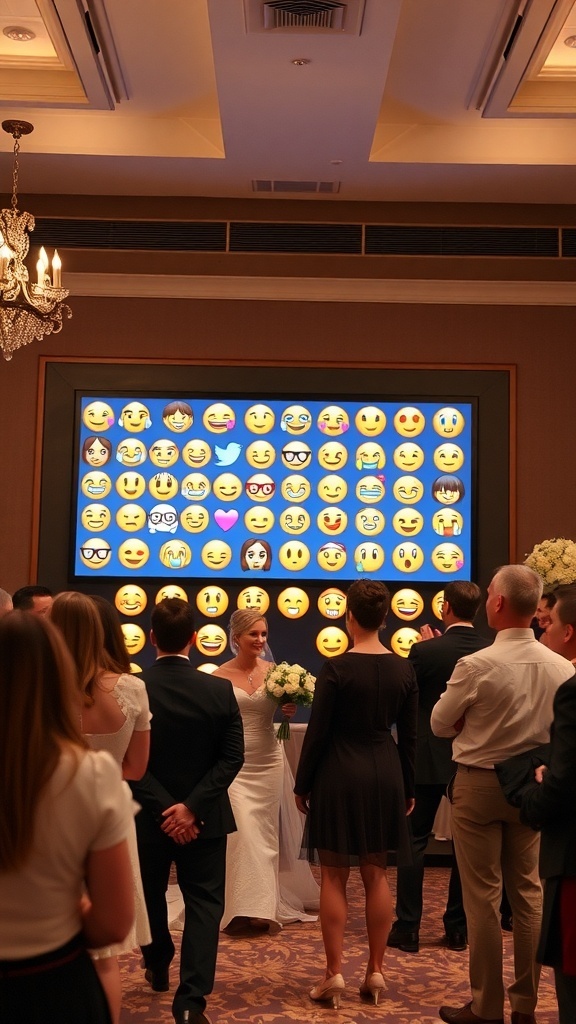 Guests playing a Wedding Emoji Translation game with emojis displayed on screen.