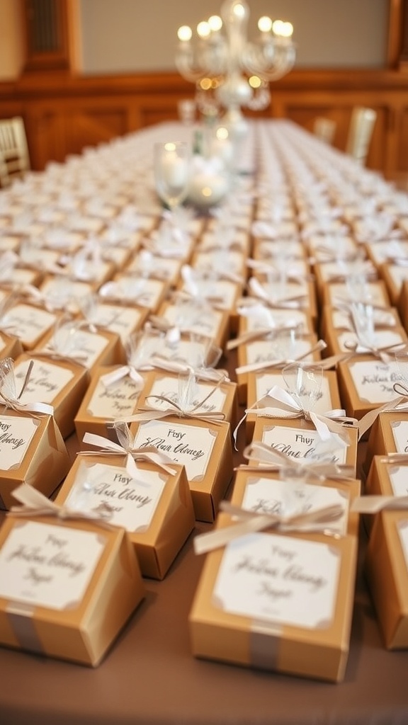 Table full of elegantly packaged wedding favors