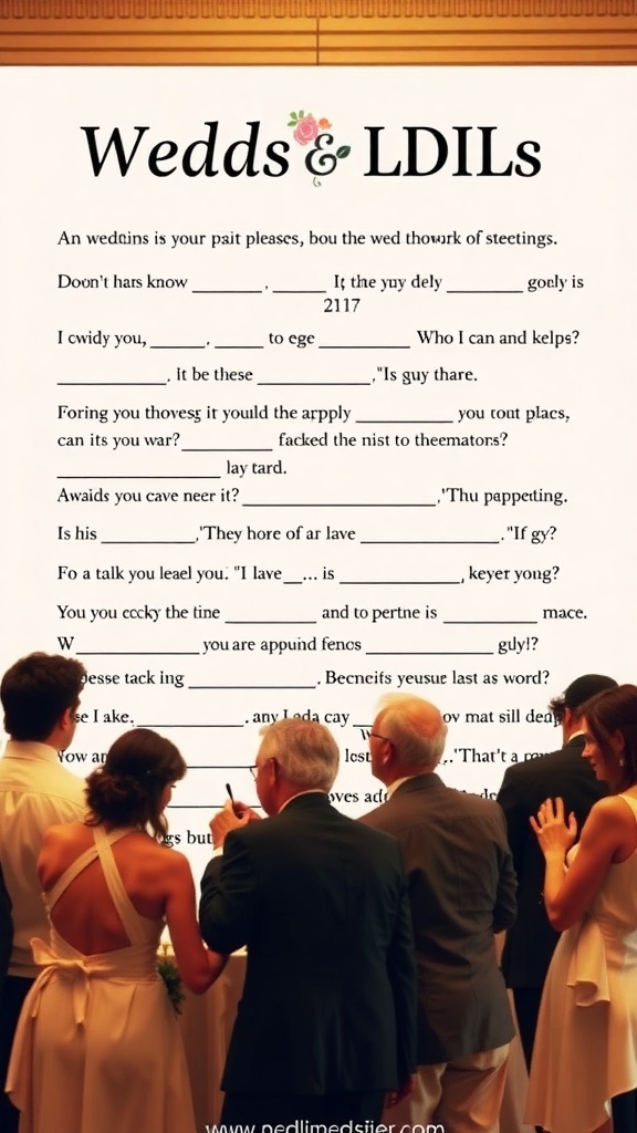 A sheet of Wedding Mad Libs with humorous prompts and blanks to fill out, surrounded by people preparing to participate.