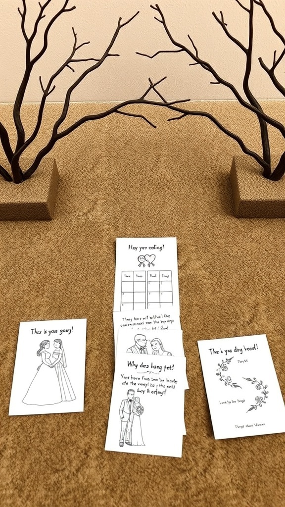 Pictionary cards for a bridal shower, featuring wedding-themed drawings and prompts